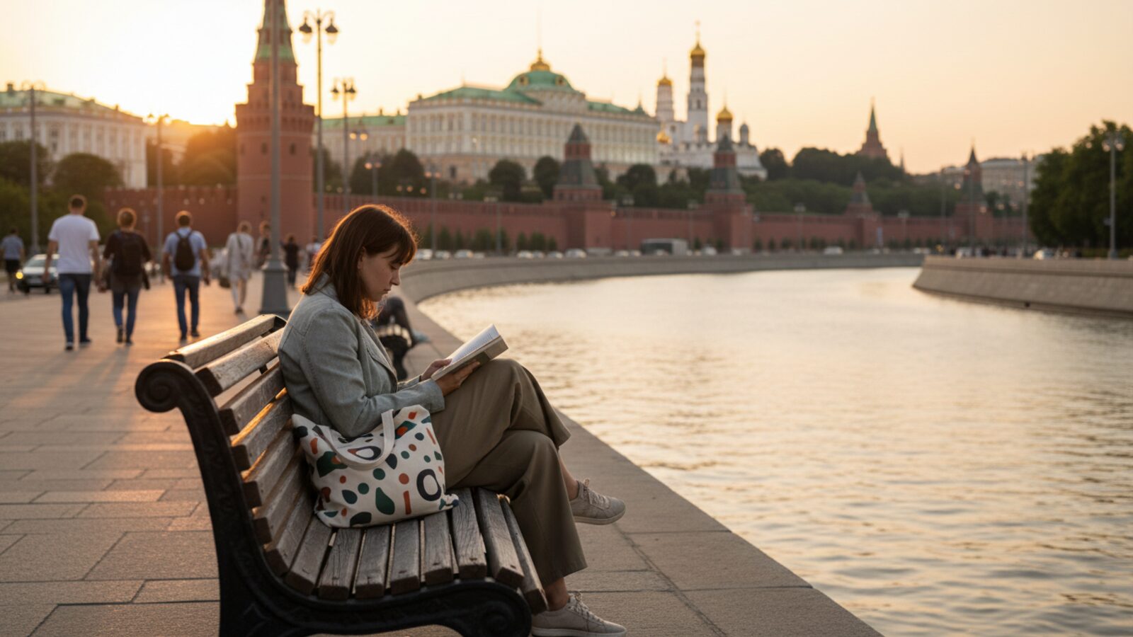 Набережная Москвы-реки и башни Кремля на закате
