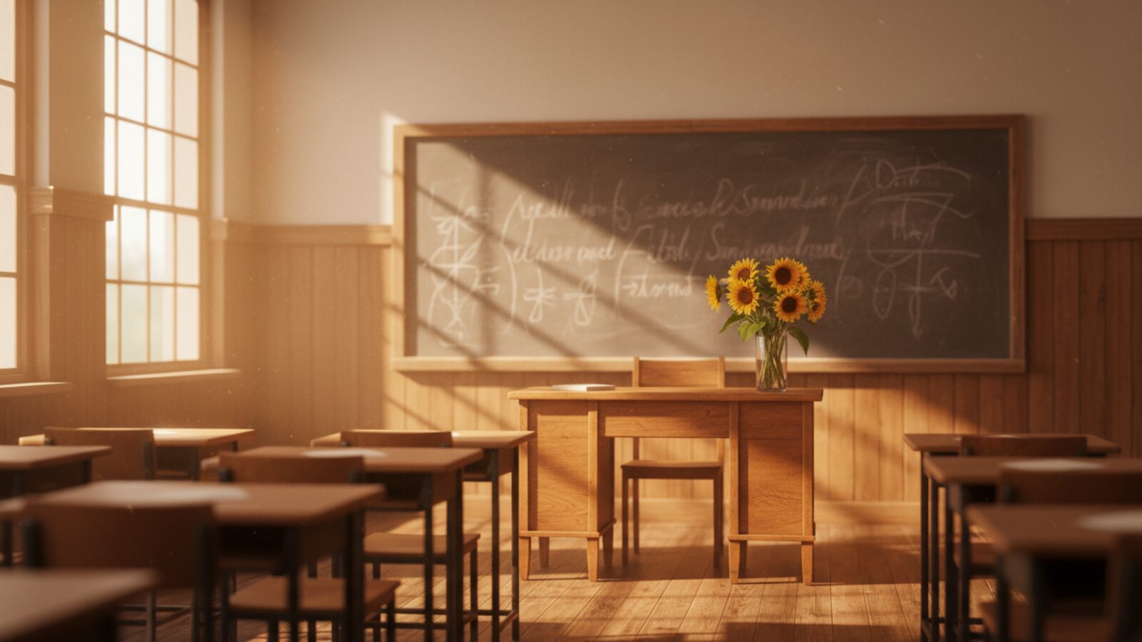 Светлый класс с доской и подсолнухами на столе преподавателя