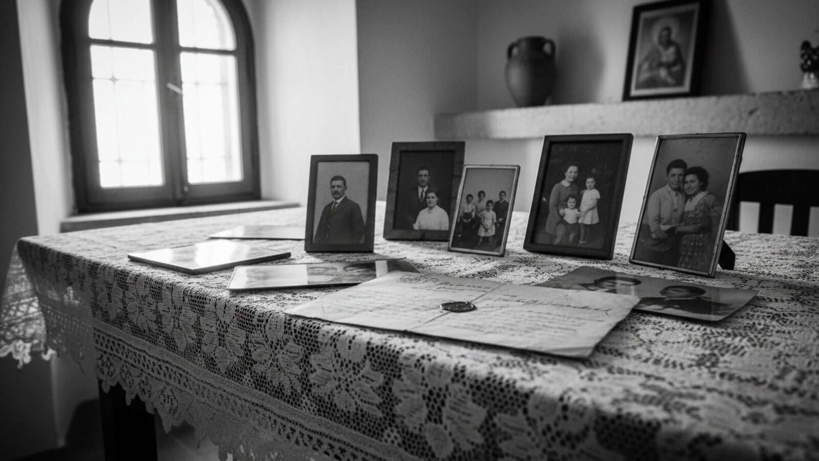 Старые семейные фотографии и письмо на кружевной скатерти в сицилийском доме