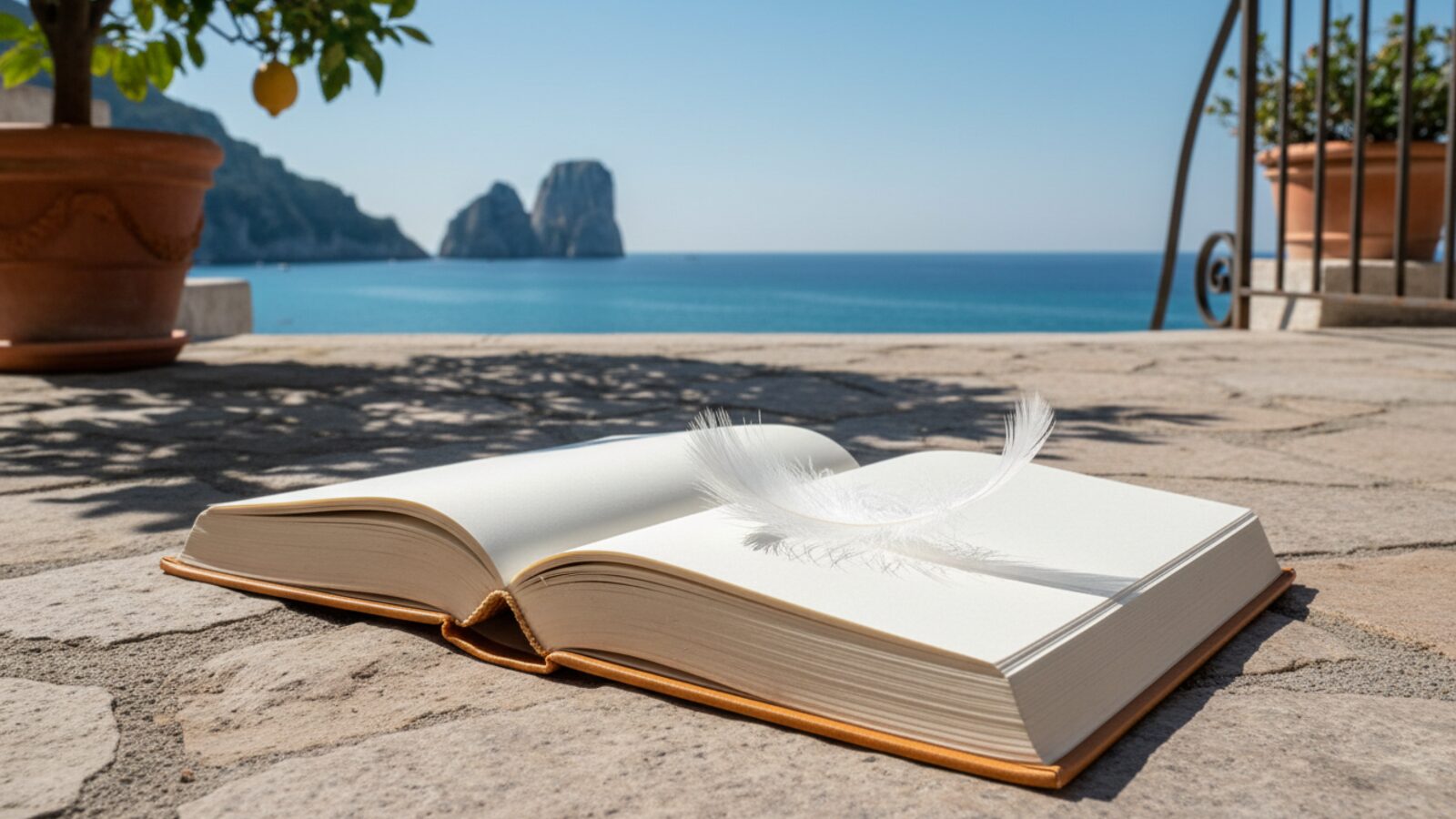 Белое перо на раскрытой книге на солнечной террасе Капри